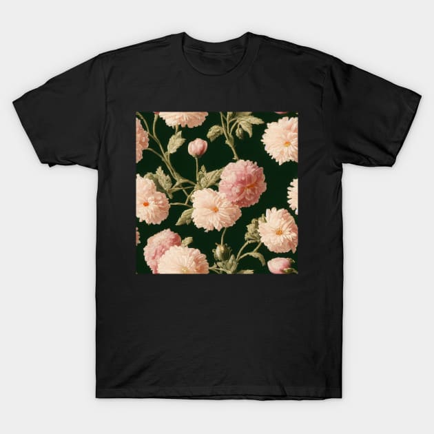 Pretty Pink Peony Flower Pattern on Dark Background T-Shirt by VintageFlorals